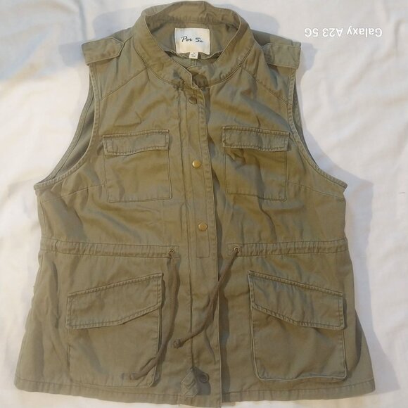 Per Se Womens Green Utility Vest 1X Cotton Sleeveless With Pockets & Drawstring - Picture 2 of 6